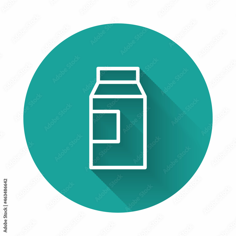 Poster white line paper package for milk icon isolated with long shadow. milk packet sign. green circle but