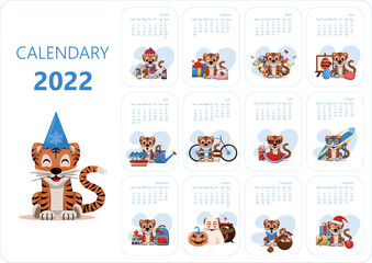 Calendar design template for 2022 year of blue Tiger Chinese new year. Vector stock flat illustration. Cartoon months for calendar