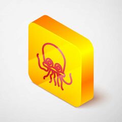 Isometric line Octopus icon isolated on grey background. Yellow square button. Vector.