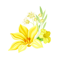 Bright Yellow Flower Bouquet with Delicate Blossom and Green Twig Vector Composition