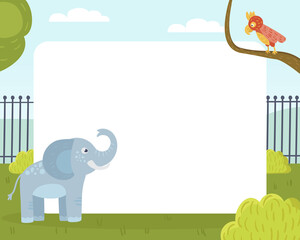Zoo Animal Empty Card with Elephant and Parrot on Tree Branch Vector Template