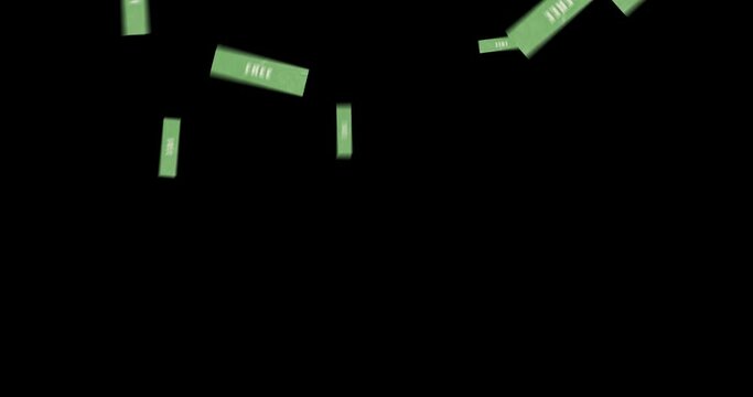 animation of falling green sticker with the words free a dark background