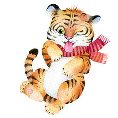 Fototapeta na wymiar Watercolor Tiger character, New Year 2022 symbol, Cute baby tiger