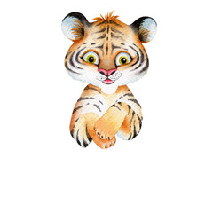 Watercolor Tiger character, New Year 2022 symbol, Cute baby tiger