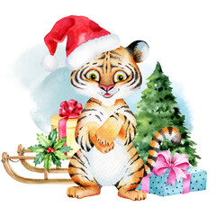Watercolor Tiger character, New Year 2022 symbol, Cute baby tiger