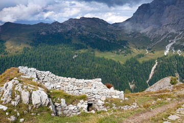 Fototapeta na wymiar Mount Castellaz, trekking of the Thinking Christ, peak of the Dolomites in Italian Alps, UNESCO world heritage site in Trentino Alto Adige, Passo Rolle, Italy, Europe
