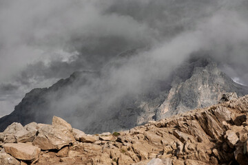 Mount Castellaz, trekking of the Thinking Christ, peak of the Dolomites in Italian Alps, UNESCO world heritage site in Trentino Alto Adige, Passo Rolle, Italy, Europe
