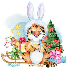 Watercolor Tiger character, New Year 2022 symbol, Cute baby tiger