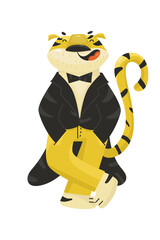 Fashion hipster tiger dressed up in tuxedo. Anthropomorphic cartoon character. Portrait of handsome animal. 