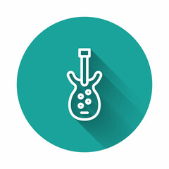 White line Electric bass guitar icon isolated with long shadow. Green circle button. Vector