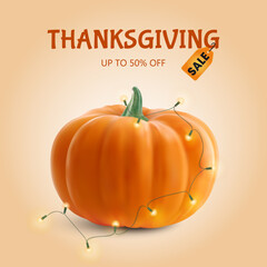 Realistic organic orange pumpkin isolated on pastel background. Thanksgiving sale banner. Vector illustration. Vector illustration