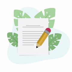 Edit document, flat design cartoon vector illustration, document edit pencil, decorated with leaves.
