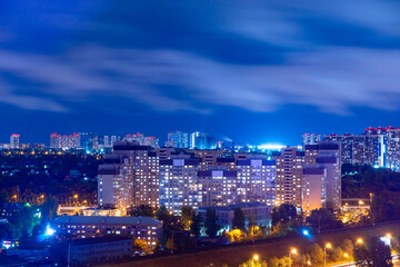 Residential neighborhoods of a Russian city. Residential areas with high-rise buildings. Kazan, top view. Night skyline 