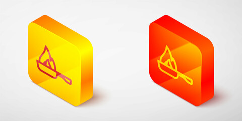 Isometric line Frying pan icon isolated on grey background. Fry or roast food symbol. Yellow and orange square button. Vector