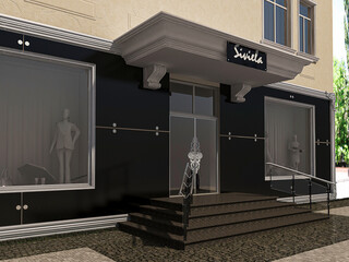 3d render of a building facade concept. The architecture of the building is in a modern classic style. Luxury clothing store