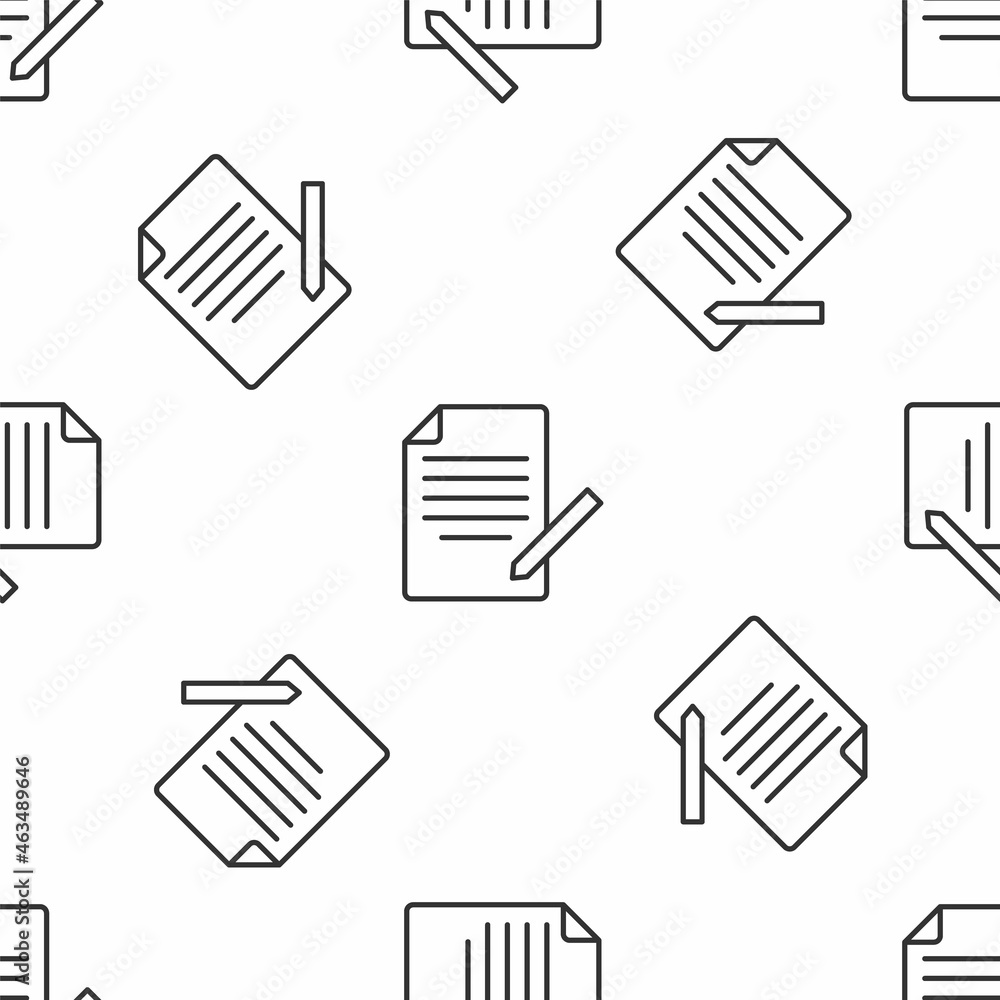 Poster grey line document and pen icon isolated seamless pattern on white background. file icon. checklist 