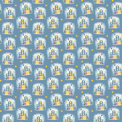 Christmas pattern with snowy houses and stars on a blue night background. Seamless cartoon cute pattern. New Year, children's funny illustration, freehand drawing. Children's print.