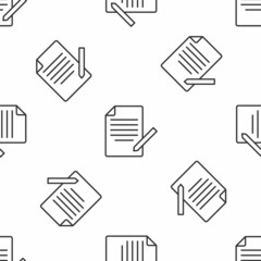Grey line Document and pen icon isolated seamless pattern on white background. File icon. Checklist icon. Business concept. Vector