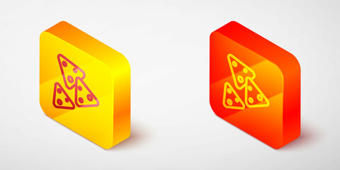 Isometric line Nachos icon isolated on grey background. Tortilla chips or nachos tortillas. Traditional mexican fast food. Yellow and orange square button. Vector