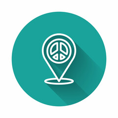 White line Location peace icon isolated with long shadow background. Hippie symbol of peace. Green circle button. Vector