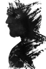 Paintography. A black and white portrait of a man combined with ink strokes.