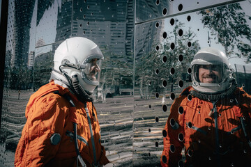 Portrait of smiling astronaut wearing orange spacesuit and space helmet near an abstract mirror...