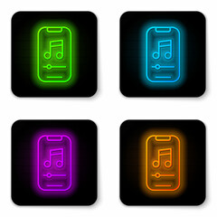 Glowing neon line Music player icon isolated on white background. Portable music device. Black square button. Vector