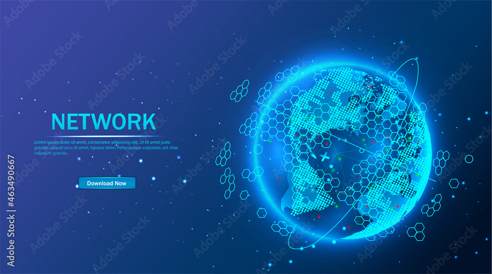 Poster vector. planet earth from space. flickering lights of cities. map of the mainland. global communicat