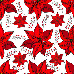 Hand drawn Christmas seamless pattern of poinsettias.  Vector illustration with elements decorations for  greeting cards, christmas posters and  wrapping.