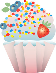 Delicious cupcake with strawberry, blueberries and cream. Vector illustration. Isolated object