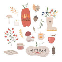Autumn vector illustration set. Fall phrases with cute and cozy design elements decorative bundle. Can use for stickers, icon, logo.