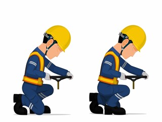 set of worker is holding hand wheel on white background