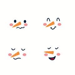 Set of Snowman Characters faces. With a smile and a carrot for a nose. A beautiful set for a postcard or poster for the New Year. Vector illustration