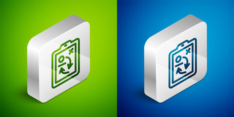 Isometric line Planning strategy concept icon isolated on green and blue background. Hockey cup formation and tactic. Silver square button. Vector