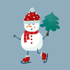 A snowman with a Christmas tree in his hand. A character from the snow is skating. A postcard or poster for the New year or Christmas with a cheerful little man. Vector illustration