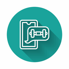 White line Fitness app for sports icon isolated with long shadow background. Healthcare mobile app concept. Online fitness or mobile trainer. Green circle button. Vector