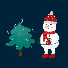 Cute snowman at the Christmas tree. A snow character dresses up a magic Christmas tree. A postcard or poster for the New Year or Christmas. Vector illustration