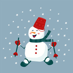 Snowman skiing. A snow character with a bucket on his head and a carrot for a nose. Cute greeting card for New Year or Christmas. Vector illustration