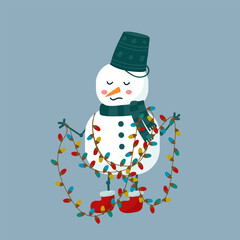 A character from the snow in a red hat with a carrot instead of a nose. A snowman with a garland for a Christmas tree. Cute greeting card for New Year or Christmas. Vector illustration