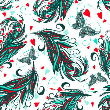 Abstract beautiful pen Seamless background with butterflies. Vector illustration