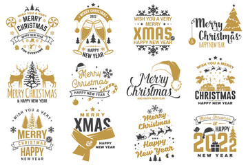 Set of Merry Christmas and 2022 Happy New Year stamp, sticker Set quotes with snowflakes, snowman, santa claus, candy, sweet candy. Vector. Vintage typography design for xmas, new year emblem.