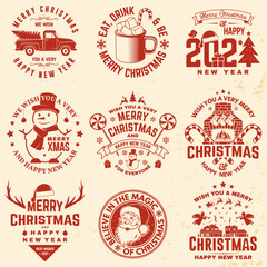Obraz premium Set of Merry Christmas and Happy New Year stamp, sticker with Santa Claus, snowman, fireplace, chocolate with marshmallows and candy. Vector. Vintage design for xmas, new year emblem.