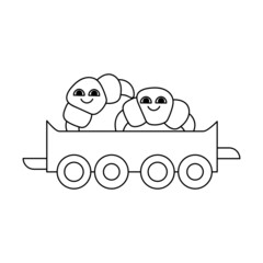 Coloring book for kids. Two croissants go by train . Vector Children's illustration on a white background