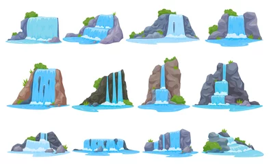 Tuinposter Cartoon waterfall set vector flat illustration natural water streaming mountain cliff river cascade © Vikivector