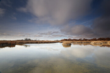 Lake in the wetlands with the cloudy sky reflecting in the water