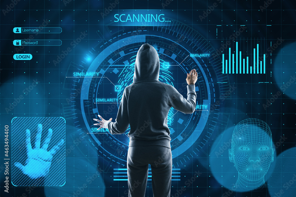 Poster Back view of hacker in hoodie with abstract glowing finger scanning hologram on dark background. Fingerprint, hacking and identity concept.