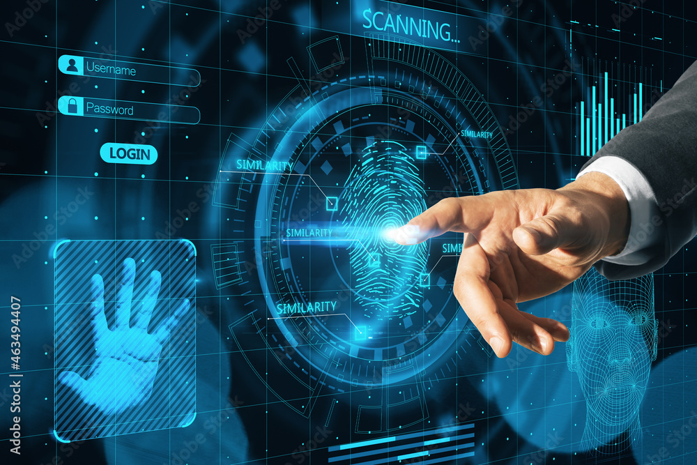 Poster businessperson hand pointing at abstract glowing finger scanning hologram on dark background. finger