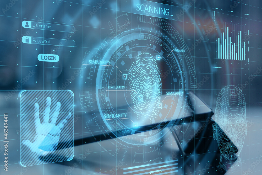 Poster close up of tablet with abstract glowing finger scanning hologram on dark background. fingerprint an