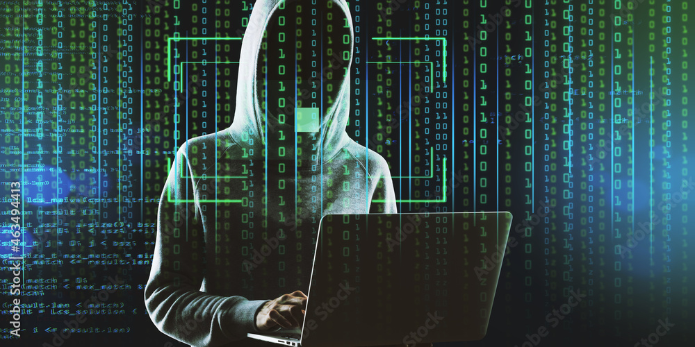 Fototapete Hacker in hoodie using laptop on abstract binary code background with face recognition interface. Hacking, ID and innovation concept. Double exposure.