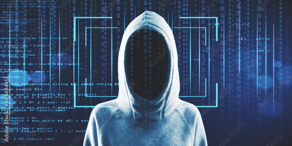 Poster Hacker in hoodie standing on abstract binary code background with face recognition interface. Hacking, ID and innovation concept. Double exposure.